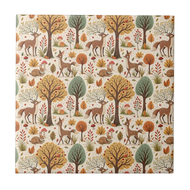 Woodland Animals & Autumn Forest Season Pattern Ceramic Tile (Front)