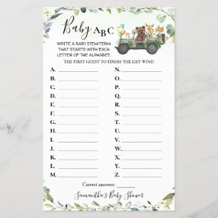Woodland Animals Baby ABC Baby Shower Game Card