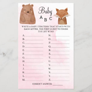 Woodland Animals Baby ABC Shower Game card