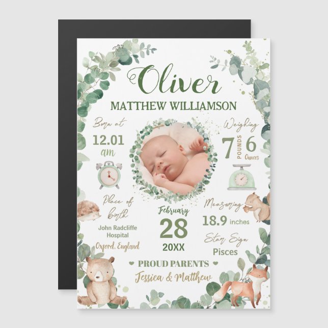 Woodland Animals Baby Birth Stats Announcement (Front/Back)