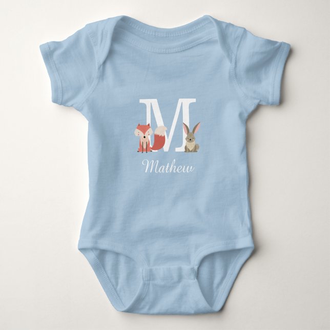 Woodland Animals Baby Boy Initial Monogram Bodysuit (Front)