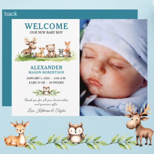 Woodland Animals Baby Boy Photo Announcement Card