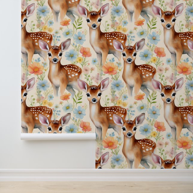 Woodland Animals Baby Deer Fawn Floral Cream Wallpaper (Application)