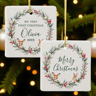 Woodland Animals Baby First Merry Christmas Ceramic Ornament