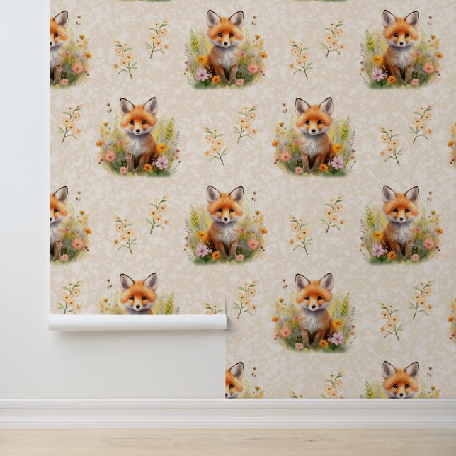 Woodland Animals Baby Fox Wild Flowers on Cream Wallpaper (Application)
