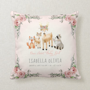 Woodland Animals Baby Girl Birth Info Watercolor Cushion