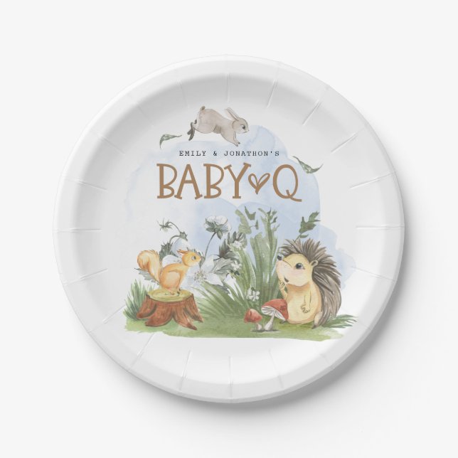 Woodland Animals Baby Q Backyard Baby Shower Paper Plate (Front)