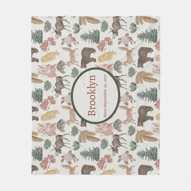 Woodland Animals Baby– Rustic Bears, Foxes, Owls Fleece Blanket (Front)