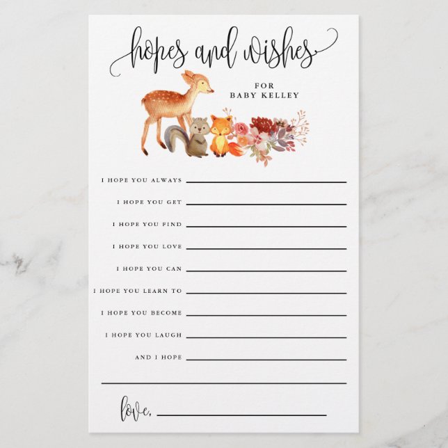 Woodland Animals Baby Shower Advice Paper Card (Front)