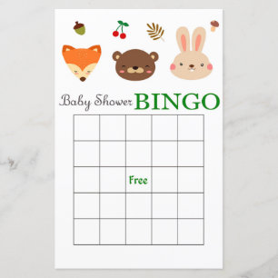 Woodland animals baby shower bingo card