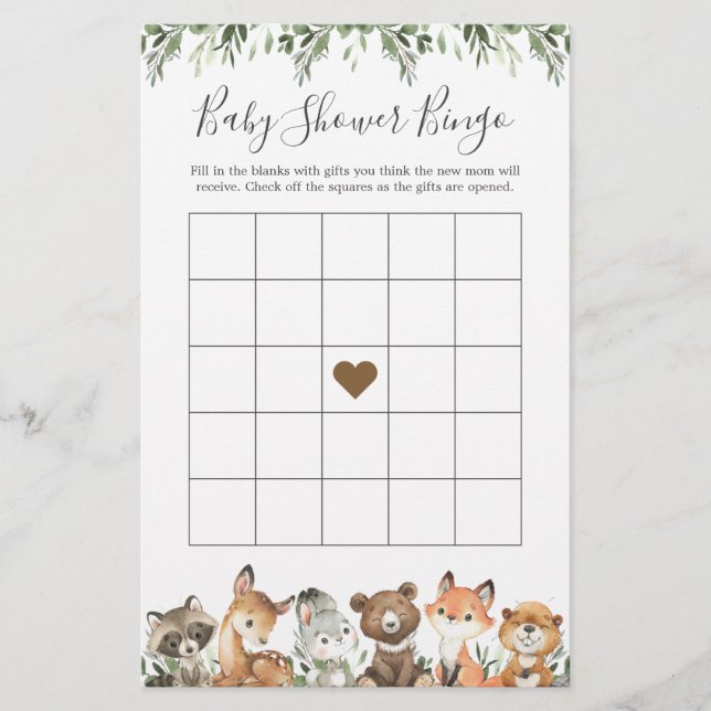 Woodland Animals Baby Shower Bingo Game (Front)
