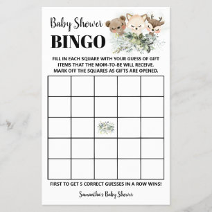 Woodland Animals Baby Shower Bingo Game Card