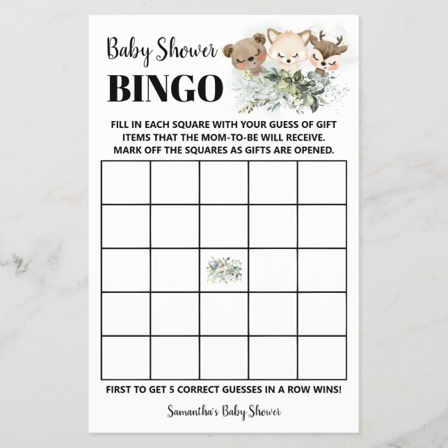 Woodland Animals Baby Shower Bingo Game Card (Front)