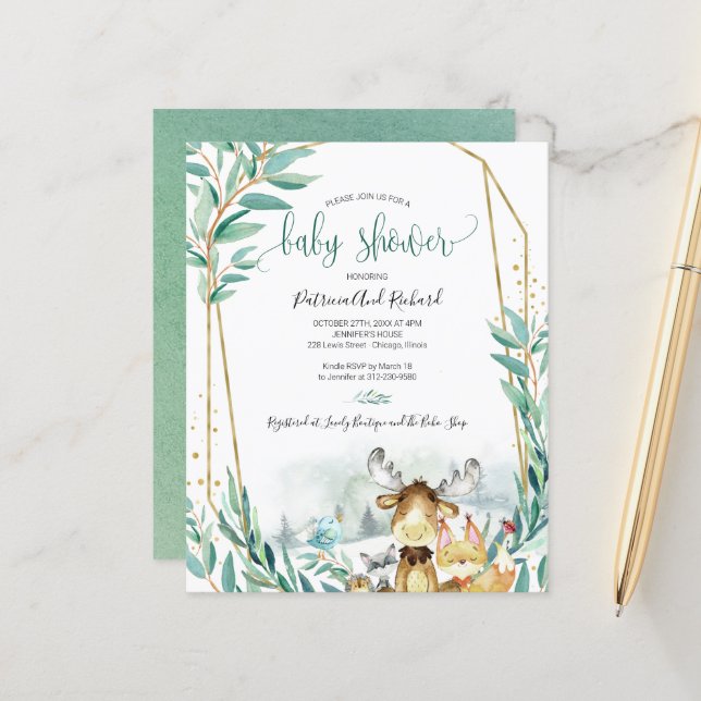 Woodland Animals Baby Shower Budget Invitations (Front/Back In Situ)