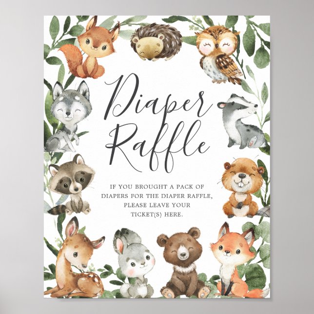 Woodland Animals Baby Shower Diaper Raffle Sign (Front)