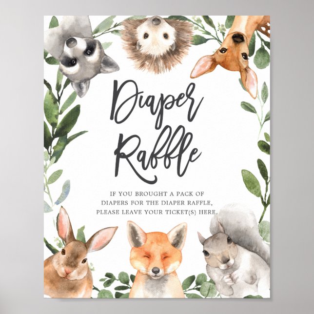 Woodland Animals Baby Shower Diaper Raffle Sign (Front)