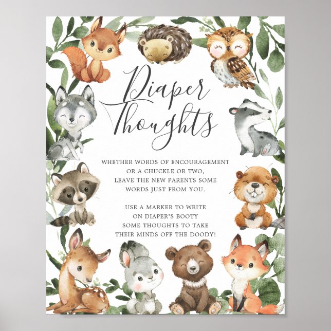 Woodland Animals Baby Shower Diaper Thoughts Sign (Front)