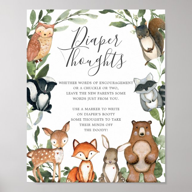 Woodland Animals Baby Shower Diaper Thoughts Sign (Front)