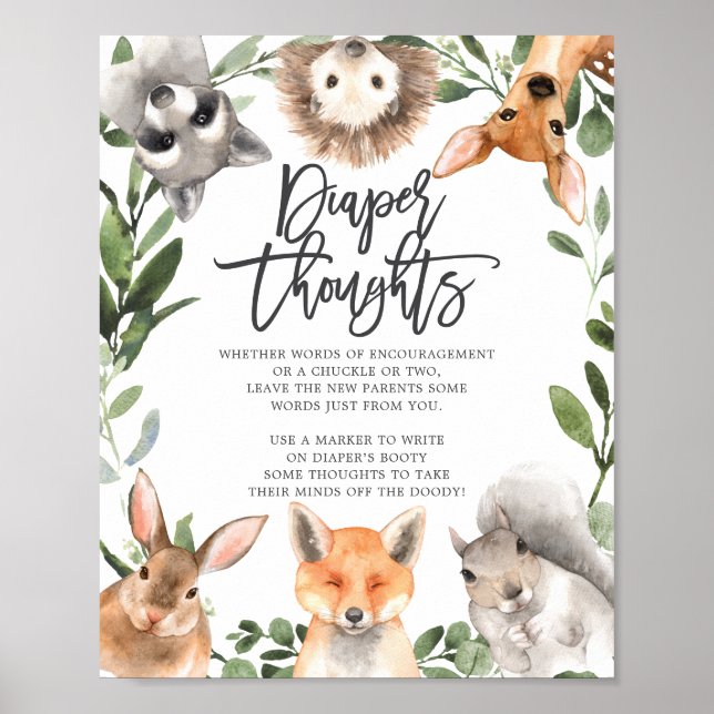Woodland Animals Baby Shower Diaper Thoughts Sign (Front)