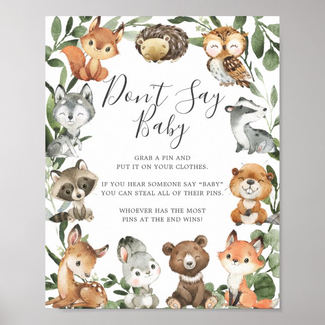 Woodland Animals Baby Shower Don't Say Baby Sign (Front)