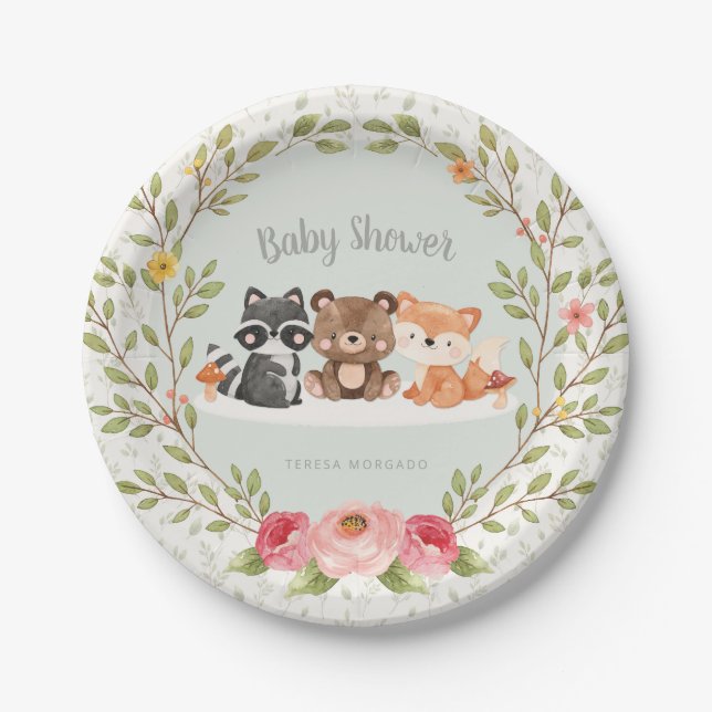Woodland Animals Baby Shower Forest Creatures Boy Paper Plate (Front)
