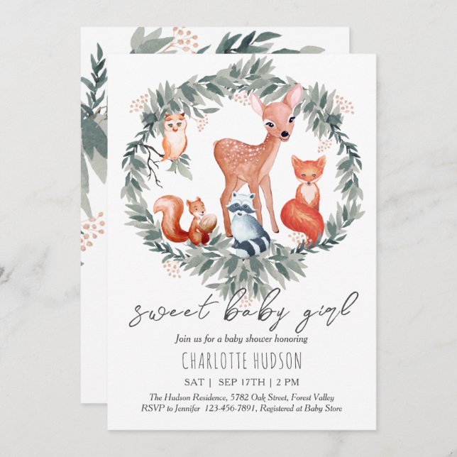 Woodland Animals Baby Shower Girl Invitation (Front/Back)