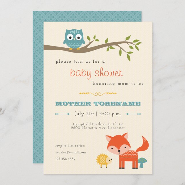Woodland Animals Baby Shower Invitation - owl, fox (Front/Back)
