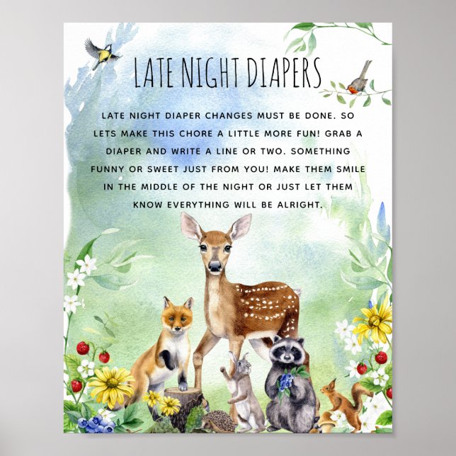 Woodland Animals Baby Shower 'Late Night Diaper' Poster (Front)