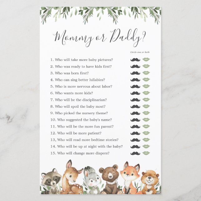 Woodland Animals Baby Shower Mummy or Daddy (Front)