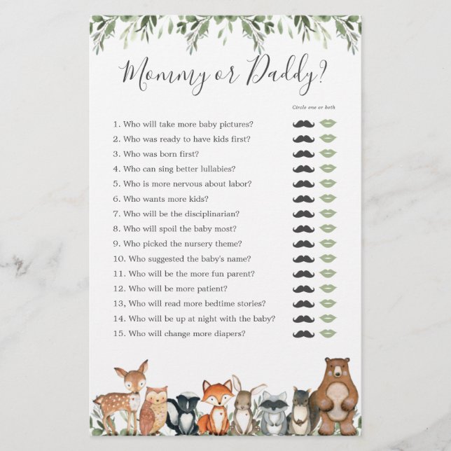 Woodland Animals Baby Shower Mummy or Daddy Game (Front)