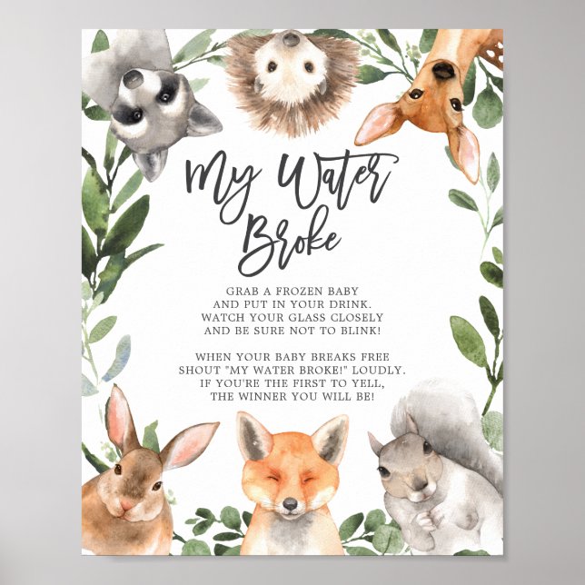 Woodland Animals Baby Shower My Water Broke Sign (Front)