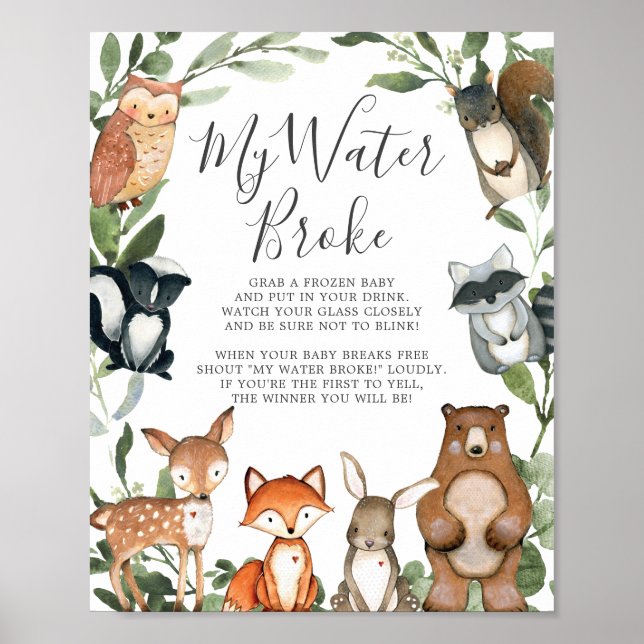 Woodland Animals Baby Shower My Water Broke Sign (Front)