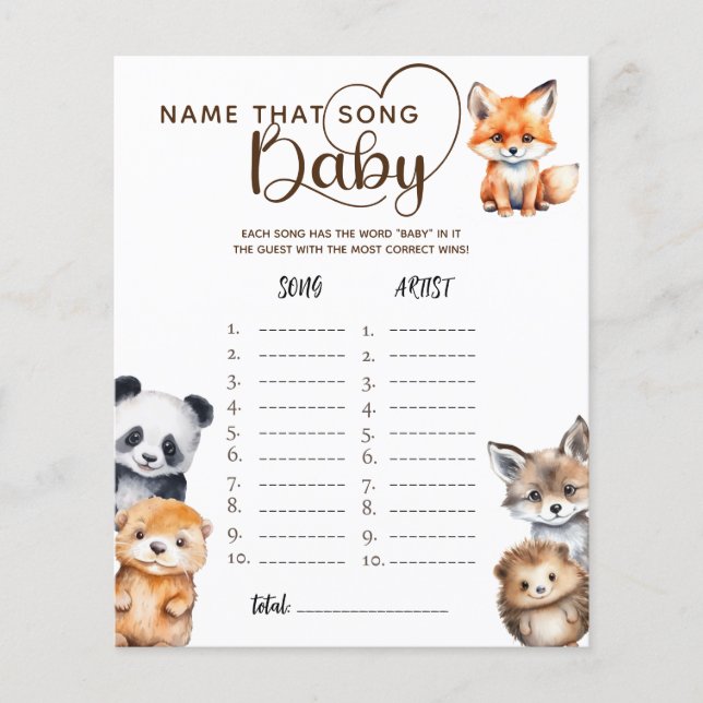 Woodland Animals Baby Shower Name That Song Game (Front)