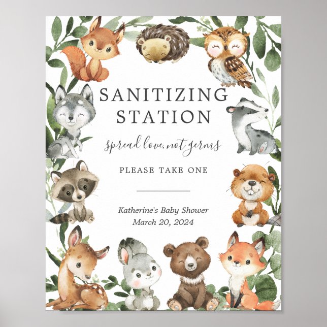 Woodland Animals Baby Shower Sanitising Station Poster (Front)