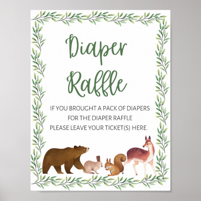 Woodland Animals Baby Shower Sign Diaper Raffle  (Front)