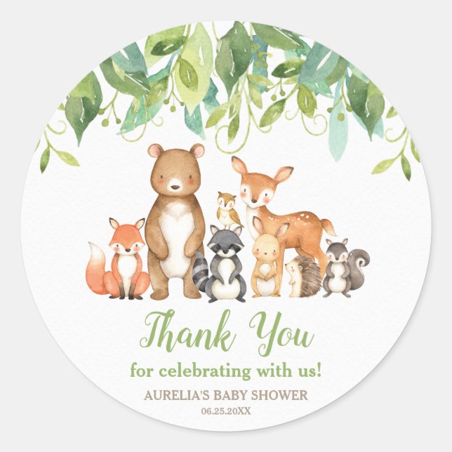 Woodland Animals Baby Shower Thank You Favors Classic Round Sticker (Front)