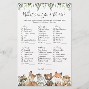 Woodland Animals Baby Shower What's in Your Purse