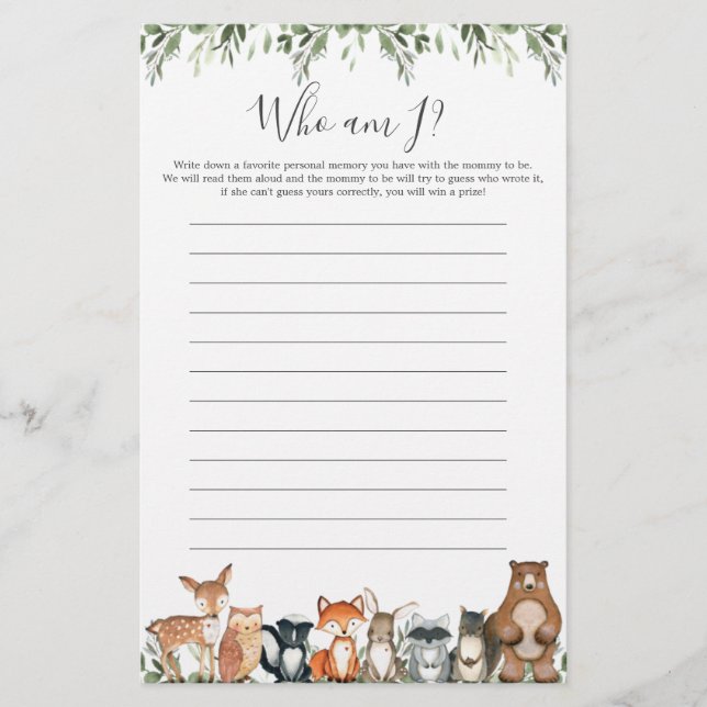 Woodland Animals Baby Shower Who Am I Game (Front)