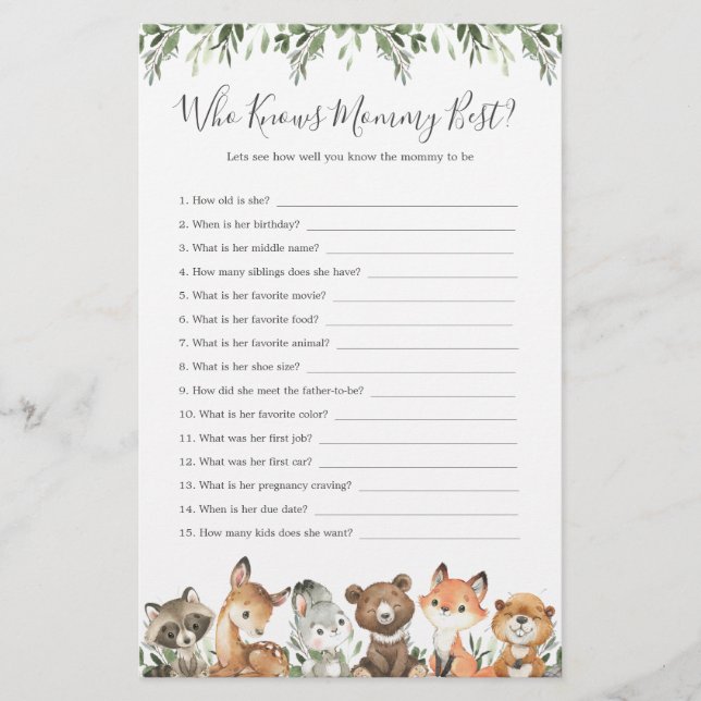 Woodland Animals Baby Shower Who Knows Mummy Best (Front)