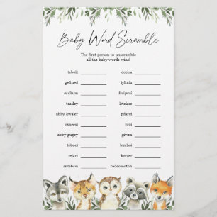 Woodland Animals Baby Shower Word Scramble Game