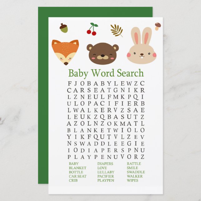 Woodland animals Baby Shower Word Search Game (Front/Back)