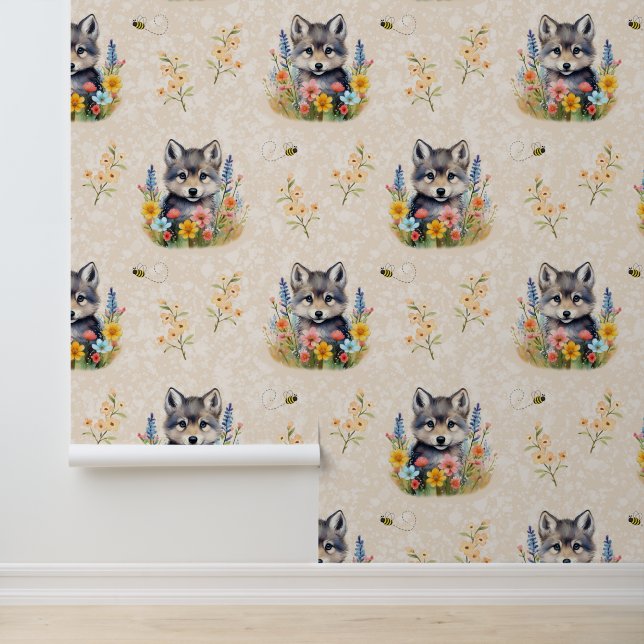 Woodland Animals Baby Wolf Cub Greenery on Cream Wallpaper (Application)