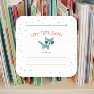 Woodland Animals Baby's First Library bookplate Square Sticker