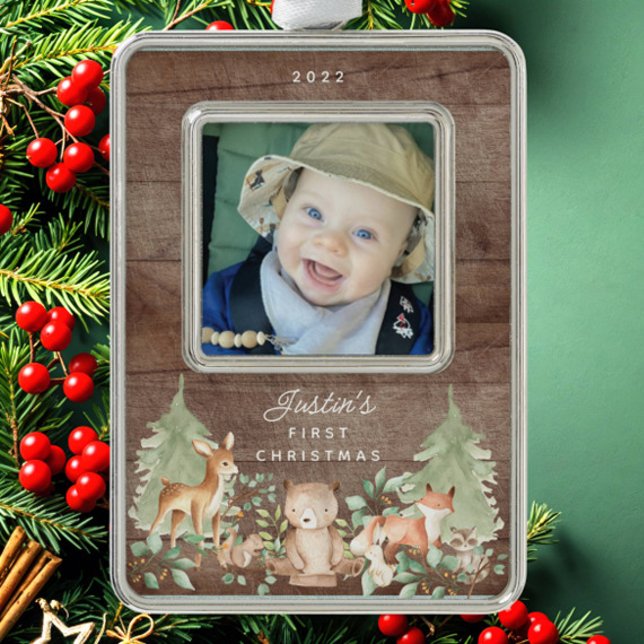 Woodland Animals Baby's First  Silver Plated Framed Ornament (Creator Uploaded)