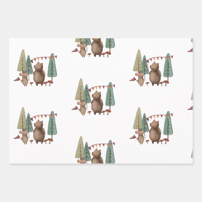 Woodland Animals Bear and Mouse Wrapping Paper Sheet (Front)