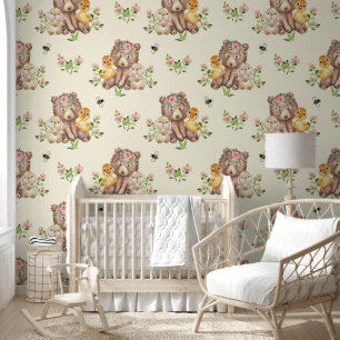 Woodland Animals Bear Duck Bunny Baby Girl Nursery Wallpaper