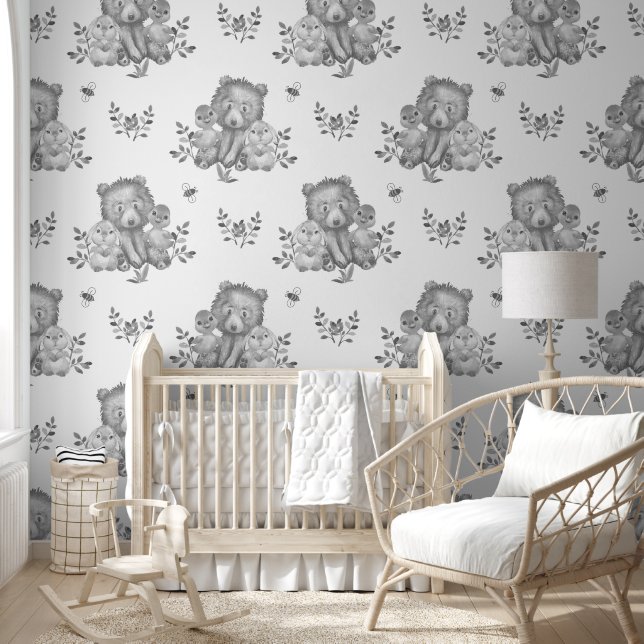 Woodland Animals Bear Duck Bunny Neutral Baby Grey Wallpaper (Kids)