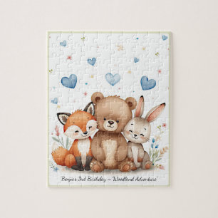 Woodland Animals Bear Fox Bunny Blue Hearts Jigsaw Puzzle