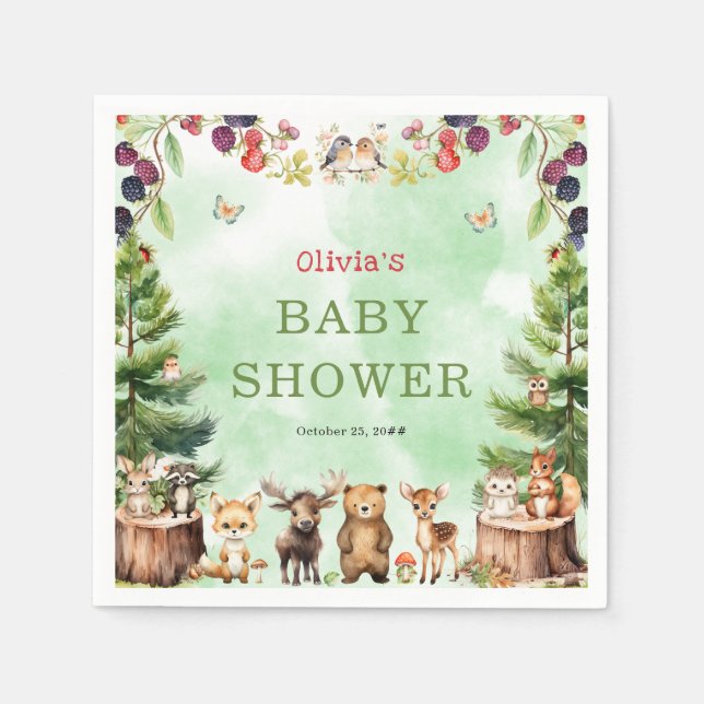 Woodland Animals Berry Flowers Baby Shower Napkin (Front)