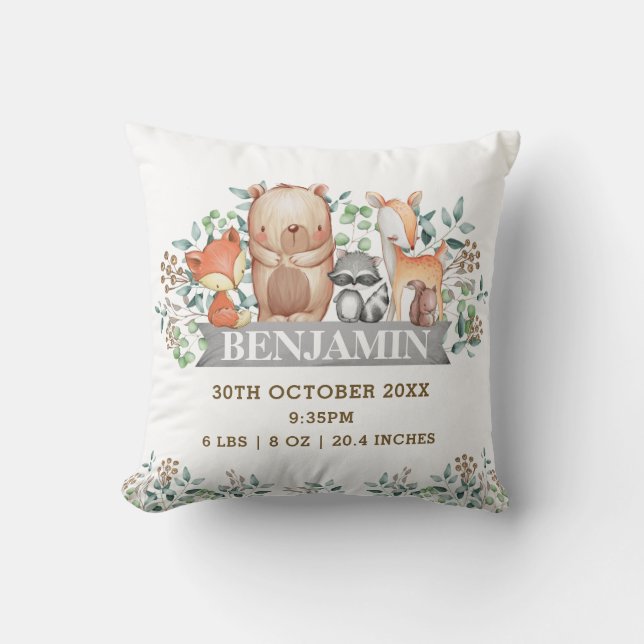 Woodland Animals Birth Stats Botanical Nursery Cushion (Front)